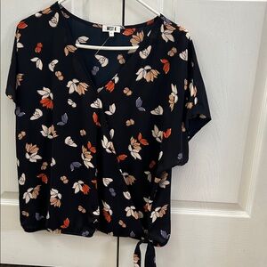 Women's Floral Faux-Wrap Top - Black and Multicolor